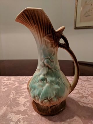 Vintage 1940s Mccoy Ewer Pitcher Vase,  Grapes And Leaves,  Aqua And Brown