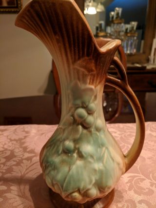 Vintage 1940s McCoy Ewer Pitcher Vase,  Grapes and Leaves,  Aqua and Brown 2