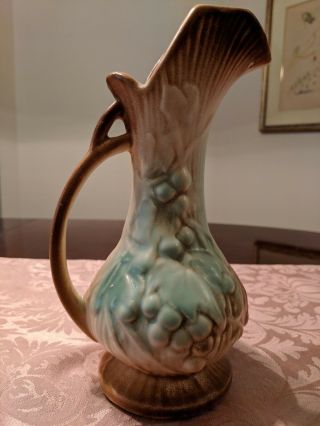 Vintage 1940s McCoy Ewer Pitcher Vase,  Grapes and Leaves,  Aqua and Brown 3