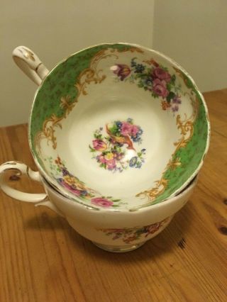 Vtg Paragon By Appointment England Cockatrice Green Hand Painted Two Tea Cups