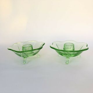 Old Vintage Pair Vaseline Green Depression Glass Uranium Footed Candle Holders