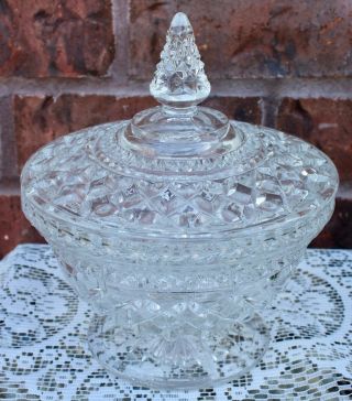Vintage Clear Cut Glass Candy Dish With Lid On Pedestal Molded Glass Star