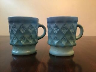 2 Vintage Anchor Hocking Fire King Blue Coffee Cup Mug Kimberly Diamond Pattern