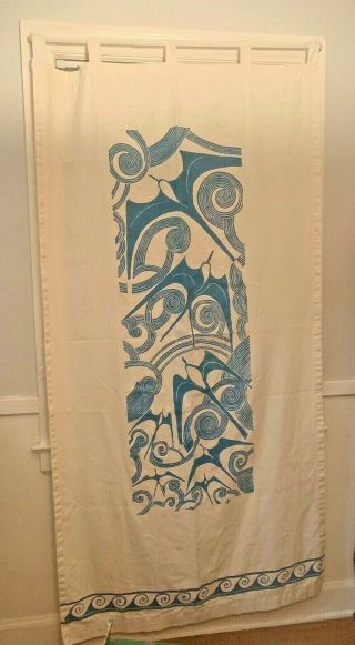 Walter Anderson / Shearwater Curtain Panel silk screen art Teal and Off White 2