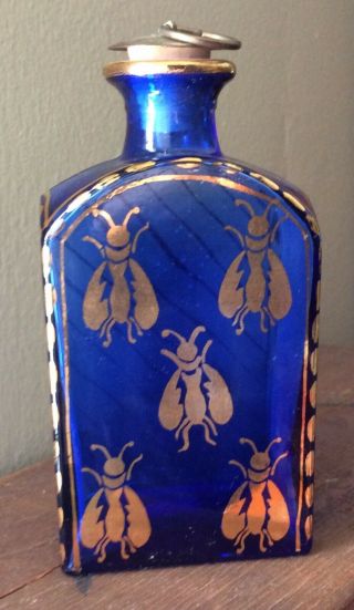 Cobalt Blue Bottle With Gold Bees Hand Painted Made In Portugal