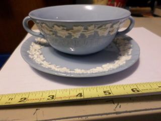 Wedgwood Queens Ware Footed 2 Handle Soup Bowl W Saucer Cream Color On Lavender