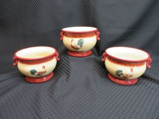 Set Of 3 Certified International Tuscan Rooster Footed Ice Cream Or Soup Bowls