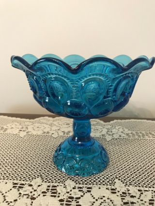 Vintage Le Smith Blue Moon And Stars Glass Compote Candy Fruit Pedestal Dish 7”