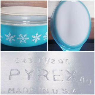 Vintage Pyrex 043 1.  5 Qt Turquoise Snowflake Casserole Dish W/ Lid Euc