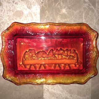Indiana Glass Tiara Amber Lords Last Supper Plate 11x7 Communion Tray Home