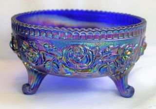 Imperial Blue Carnival Glass Three Footed Rose Pattern Bowl