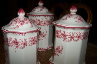 Red Floral Scalloped Transferware - 3 Piece Canister Set - Cracker Barrel - 2000