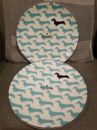 Kate Spade Wickford Dachshund Dog Turquoise 9 Inch Plate Set Of 2.