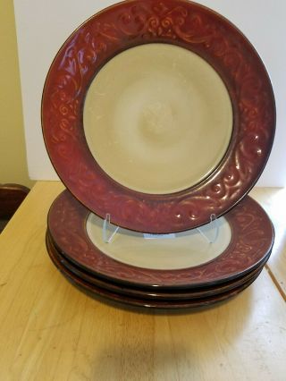 Set Of 4 Pier 1 Imports Red Scroll Stoneware Dinner Plates 10.  75 "