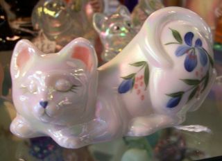 Fenton Hand Painted White Carnival Glass Pouncing Cat Figurine
