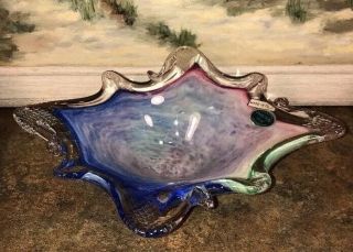 Murano Art Glass Bowl Dish Candy Blue Green Pink Purple Tag 9.  75” X 8” X 2.  5”