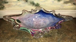 Murano Art Glass Bowl Dish Candy Blue Green Pink Purple TAG 9.  75” X 8” X 2.  5” 2