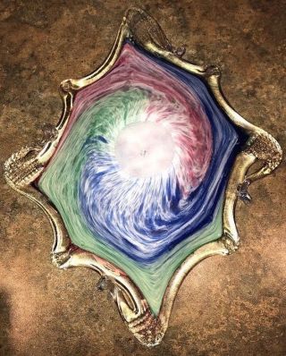 Murano Art Glass Bowl Dish Candy Blue Green Pink Purple TAG 9.  75” X 8” X 2.  5” 4
