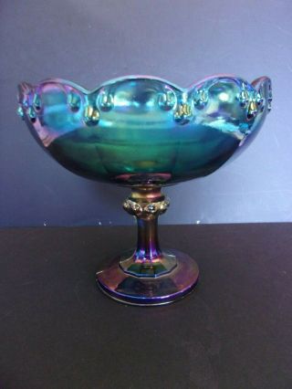 Indiana Carnival Glass Compote Footed Bowl Iridescent Blue Teardrop Garland