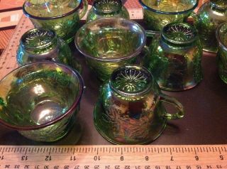 Vtg Green Iridescent Carnival Glass Harvest Grape Indiana 10 Punch Bowl Cups