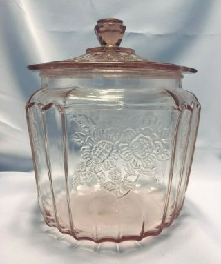 Anchor Hocking Mayfair Open Rose Pink Depression Glass Cookie Biscuit Jar W Lid