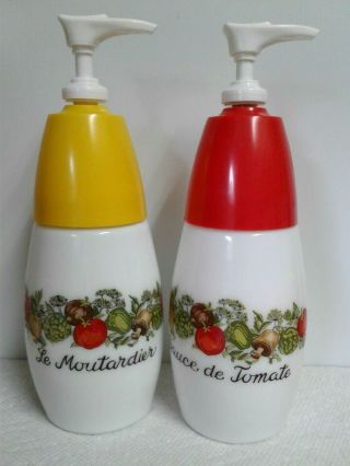 Vintage Gemco Corning Spice Of Life Ketchup & Mustard Set Red Yellow Pump Tops