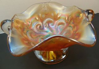 Vintage Iridescent Marigold Carnival Glass Pedestal Bowl Dish With Handles Wavy