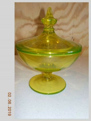 Fostoria Vaseline Glass Footed Covered Candy Dish