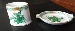 Herend " Chinese Bouquet " Green Cigarette Holder & Ashtray Matching Porcelain Set