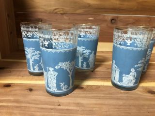 Jeannette Glass Hellenic Blue Greek Jasperware set of 5 glasses pre - owned 2