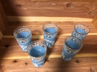 Jeannette Glass Hellenic Blue Greek Jasperware set of 5 glasses pre - owned 4
