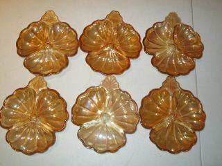6 Jeanette Doric Marigold Carnival Depression Glass Clover Leaf Candy Dish