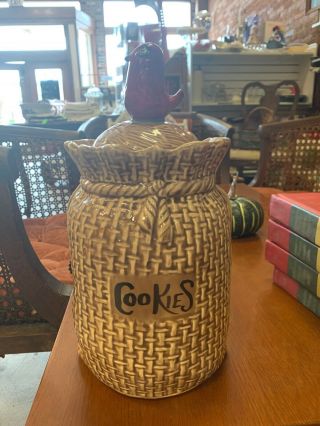 Mccoy Pottery Burlap Sack Cookie Jar With Red Bird Lid