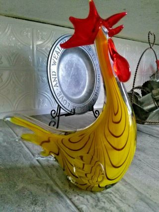 Italian Murano Style Art Glass Rooster Chicken Figure Figurine Yellow Swirl Tall