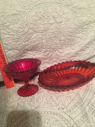 Ruby Red Amberina Pedestal Candy Dish And Oval Relish Dish