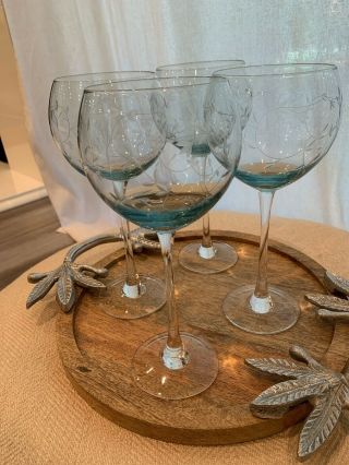 (set Of 4) Lenox Balloon Etched Wine Glasses Stemware Heather Blue Glass