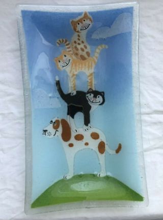 Peggy Karr Glass Unsigned 9 1/2x5 1/2 Rectangle Plate Dish Dogs And Cats