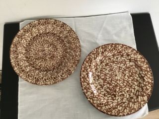 Vtg Roseville,  Ohio Pottery - Set Of 2 Brown Spongeware Dinner Plates 10”