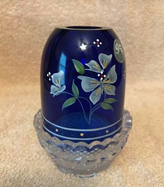 Fenton Cobalt Blue Fairy Lamp Butterfly/floral Design Signed By S Fisher