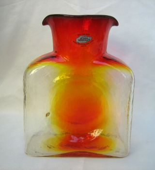 Blenko Tangerine Water Jar Vase 8 " 2 - Spout Pitcher Amberina With Blenko Sticker