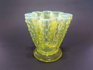 Vintage Fenton Hobnail Vaseline / Uranium Topaz Opalescent 5 " Handkerchief Vase