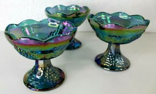 3 Harvest Grape Iridescent Blue Carnival Glass Taper Candle Holder Indiana Glass