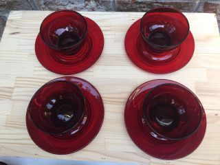 4 Vintage Anchor Hocking Ruby Red Depression Glass Dessert Cups And Saucers