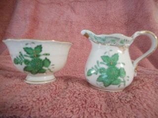 Herend/hungary Green Chinese Bouquet Mini Creamer And Open Sugar