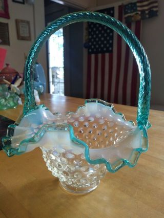 Fenton French White Opalescent Hobnail Basket With Aqua Crest And Handle