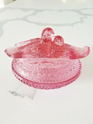 Vintage Covered Lidded Dish Pink Depression Glass Love Birds Candy Footed
