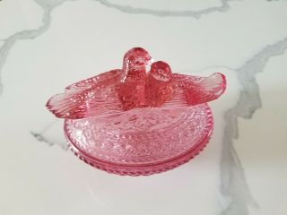 Vintage Covered LIDDED DISH Pink Depression Glass LOVE BIRDS Candy FOOTED 2