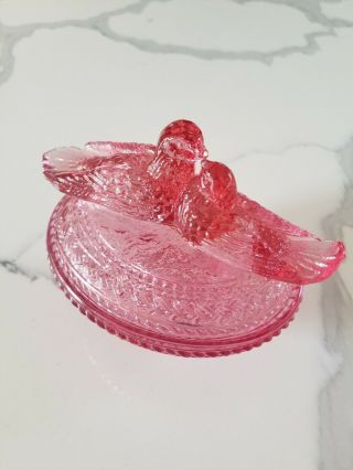 Vintage Covered LIDDED DISH Pink Depression Glass LOVE BIRDS Candy FOOTED 3