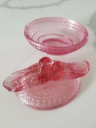Vintage Covered LIDDED DISH Pink Depression Glass LOVE BIRDS Candy FOOTED 7