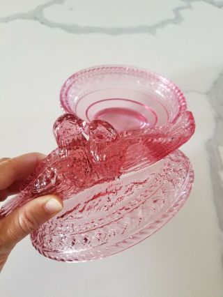 Vintage Covered LIDDED DISH Pink Depression Glass LOVE BIRDS Candy FOOTED 8